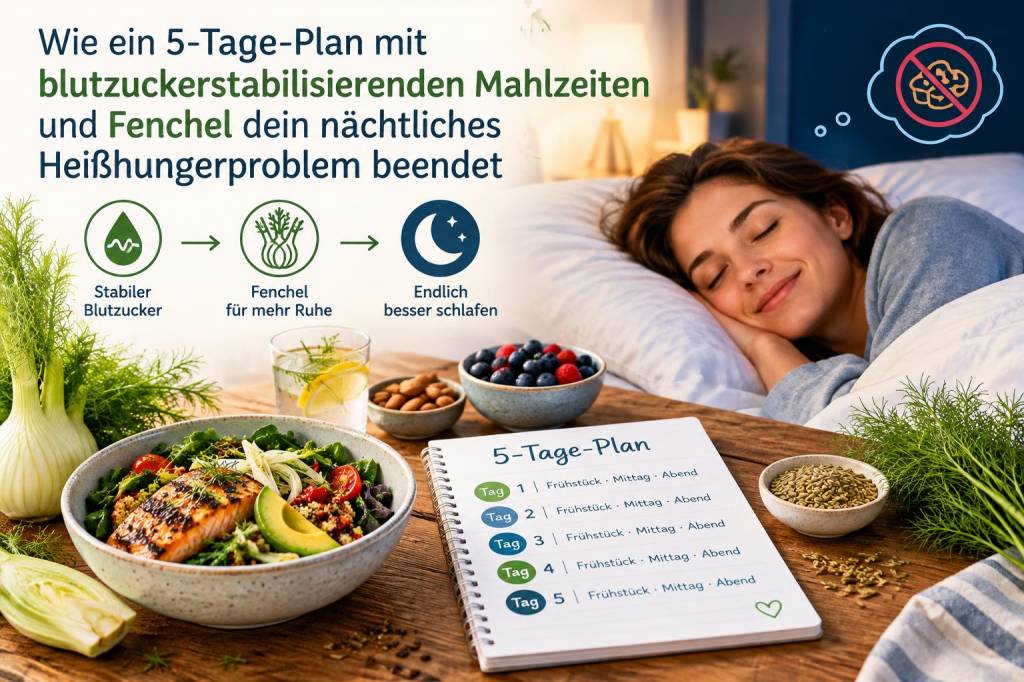 Wie ein 5‑Tage‑Plan mit blutzuckerstabilisierenden Mahlzeiten und Fenchel dein nächtliches Heißhungerproblem beendet
